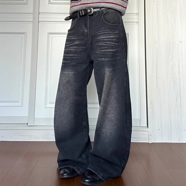 Vintage Washed Straight-Leg Jeans – Cleanfit Denim Pants With Cat Whisker Fading (S-3XL, Black)