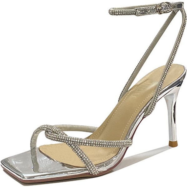 Women's Fashion High Sense 32-43 Open Toe Square Head Silver Rhinestones All French Line With High Heels Sandals-image