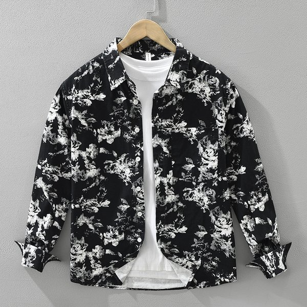 Trendy Printed Long Sleeved Shirt For Men, Fashionable And Versatile, Artistic And Casual Loose Top-image