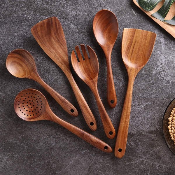 Acacia Wood Spatula Set Non Stick Pan Slotted Spoon Salad Fork Household Wooden Kitchen Utensils-image