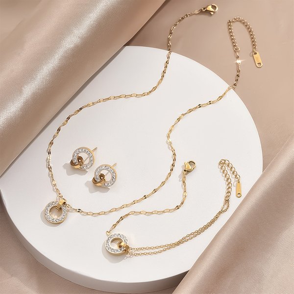 Women's Jewelry Full Diamond Geometric Ring Matching Earrings Bracelet Titanium Steel Fashion Lucky Clavicle Chain Necklace Versatile Jewelry-image