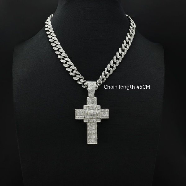 Trendy brand diamond inlaid cross necklace, hip-hop full of diamonds, exaggerated street rap, light luxury, niche