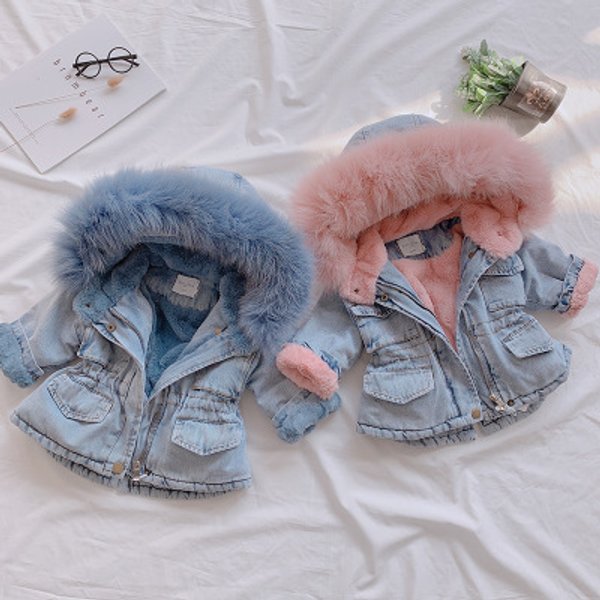 Kid's Clothing Girls Denim Plus Velvet Jacket Autumn And Winter Clothes Baby Cotton Jacket Large Fur Collar Children Thick Cotton Coat Trendy-image