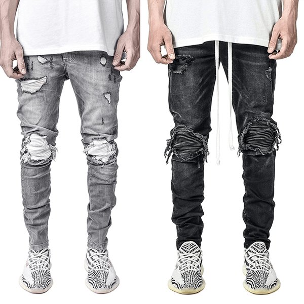 Men's Clothing Stretch Denim Small Leg Pants Motorcycle Ripped Black Jeans
