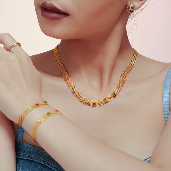 Women's Jewelry Geometric Zircon Necklace & Bracelet Set, Titanium Steel PVD Plated Hypoallergenic, Durable & Tarnish-Free, Gold & Silver Tone