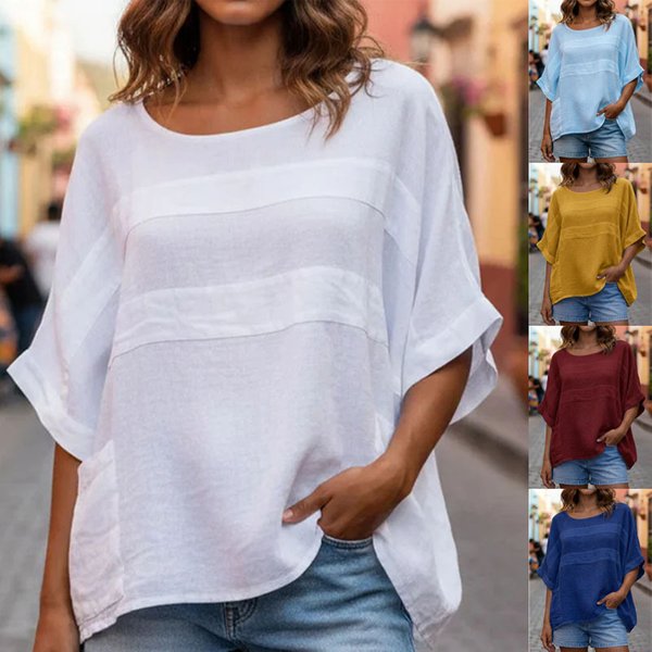 Women's round Neck Casual Top Three Quarter Sleeve Loose Fit Independent Website Summer New Style