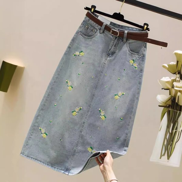 Embroidered Denim Midi Skirt With Rhinestones, High Waist A-Line Slimming Pencil Skirt With Side Slit, Elegant Casual Floral Design For Women-image