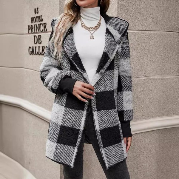 Women's Clothing Coat Loose Plaid Fur Cardigan Fashion Sweater-image