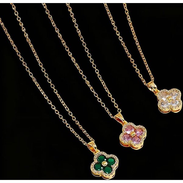 Cross-Border Hot Selling Full Zircon Lucky Colorful Diamond Four-Leaf Clover Titanium Steel Necklace For Women Ins Light