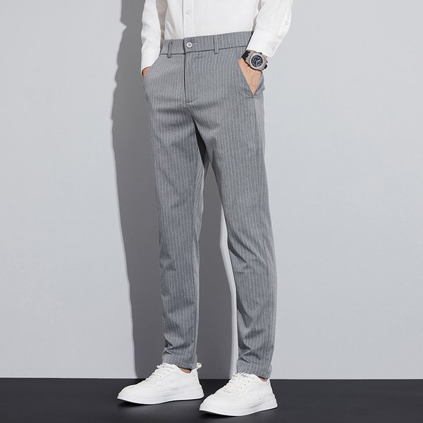 Pantalons Pour Hommes, Coupe Slim, à Rayures, DéContractéS, En Polyester, Coupe Droite, Confortables, Pour Le Bureau Et Au Quotidien (Noir)-image
