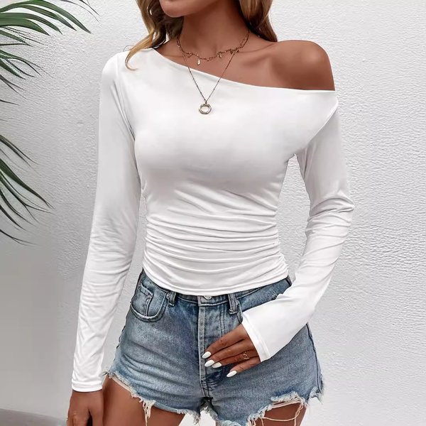 Women's Clothing Unique Oblique Shoulder Long Sleeved T Shirt Hot Girl Going Out Bottoming Shirt Slim Fit Pullover One Shoulder Top