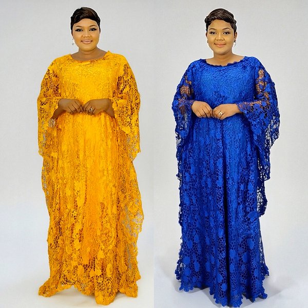 Women's Clothing Plus Size Clothes Elegant Water-Soluble Lace Plus Size Dress For Women – Loose Long Robe With Short Sleeves