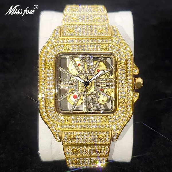 2023 New Square Watches For Men Original Gold Hip Hop Diamond Wristwatch Iced Out Bling Stainless Steel Waterproof Clock