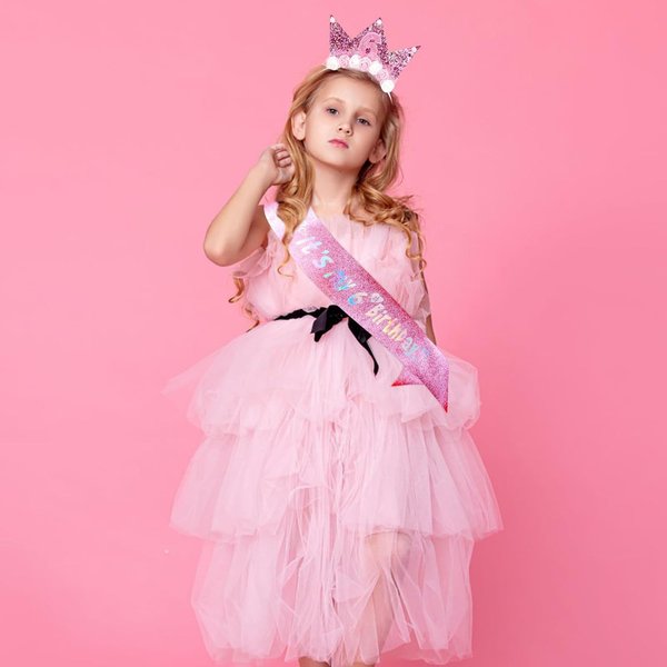 2 Years Old 3 Years Old 4 Years Old 5 Years Old 6 7 Years Old Little Girl Crown Pink Ribbon Children's Birthday Headband Etiquette Belt Set-image