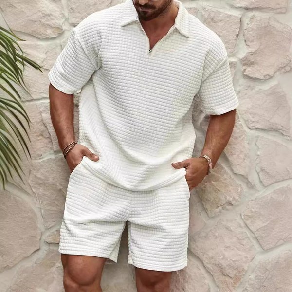 Men's Clothing Casual Trend Fashion Comfortable Waffle Solid Color Lapel Shirt Sports Suit-image