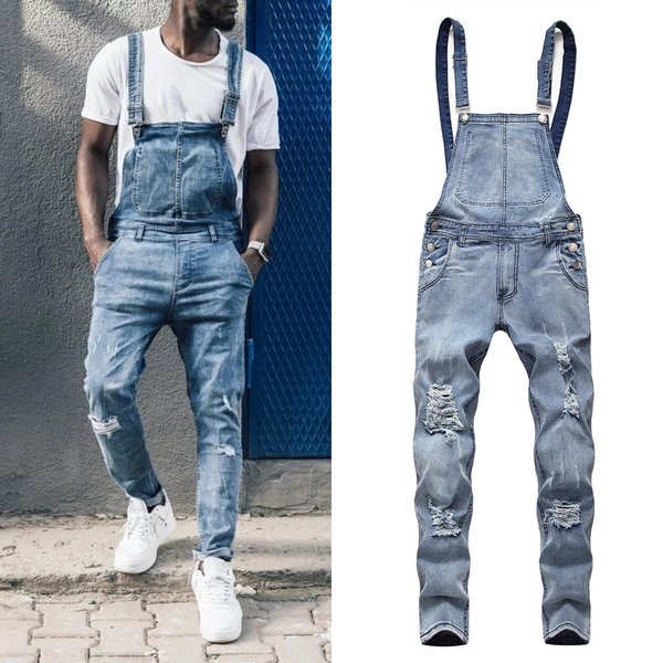 Men's Distressed Overalls - Vintage Washed Denim Bib Overalls With Ripped Details & Adjustable Straps (S-Xxxl, Slim Fit, Retro Streetwear)
