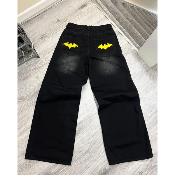 Men's Jeans Y2K Bat Animal Embroidery Baggy Vintage Men Black Washed Hip Hop Goth Denim Pants Fashion Women Straight