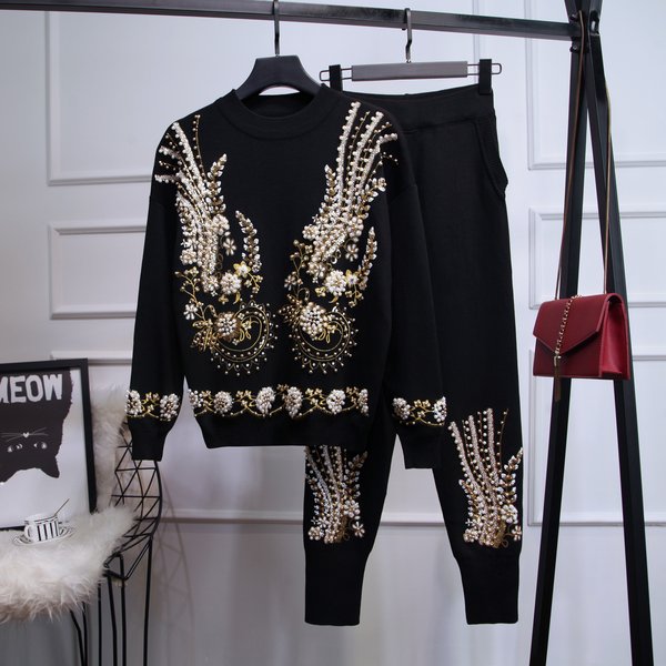 Women's Clothing New Autumn Clothing Women's Sequined Beading Long Sleeved Sweater Sweater Trousers Casual Two Piece Suit-image