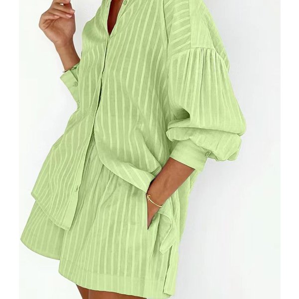Women's Clothing Striped baggy back shirt two-piece baggy shorts suit