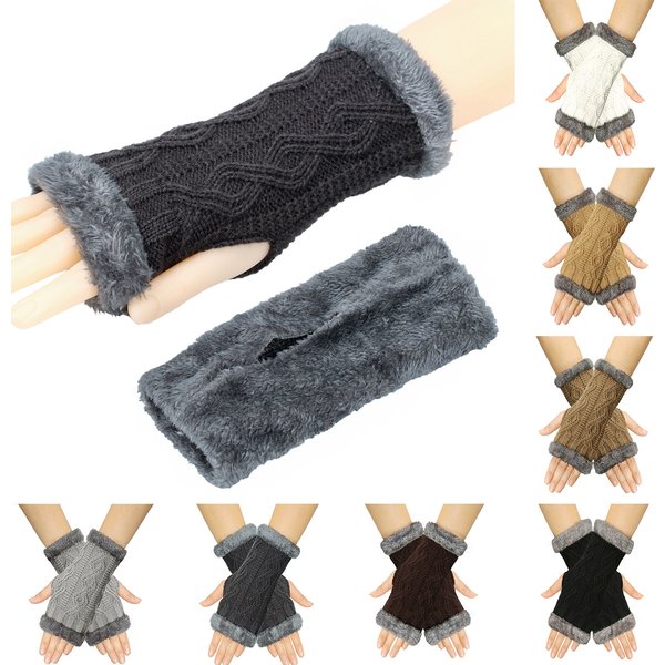 Girl's Accessories Plus Velvet Thickened Knitted Wool Gloves Autumn And Winter Diamond Shaped Fingerless Cuffs Warm Thick Fur Short Gloves-image