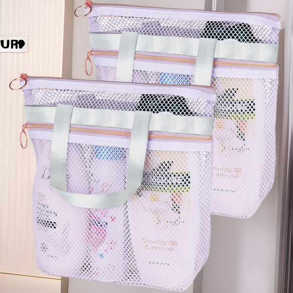 Mesh Shower Caddy Portable 10.2X9.9'' Shower Bag With Zipper & 2 Pockets. Shower Tote Ideal For Gym, Travel, Camp, Beach-image