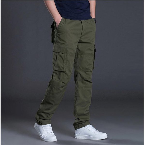 Spring Autumn Cargo Casual Mens Baggy Regular Cotton Trousers Male Combat Tactical Pants Multi Pockets-image