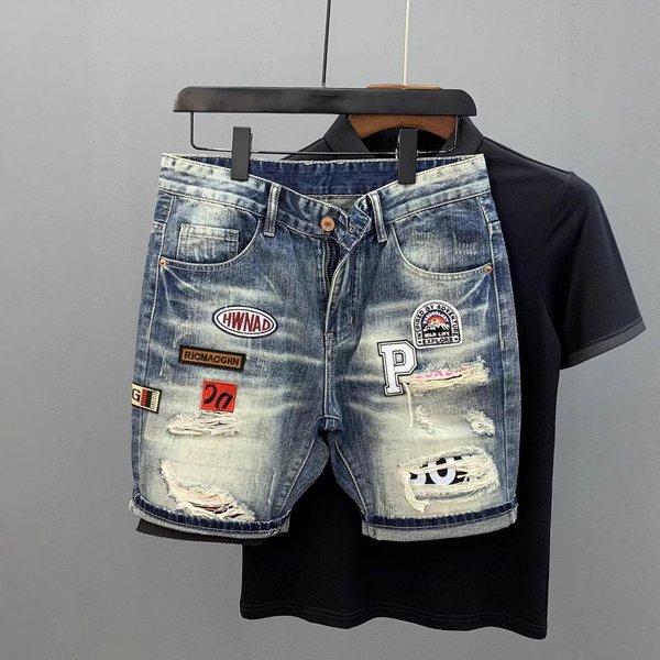 Men's Clothing Ripped Denim Shorts Men's Trendy Brand Personality Scraped Beggars Shorts Loose Large Size Breeches Summer Thin
