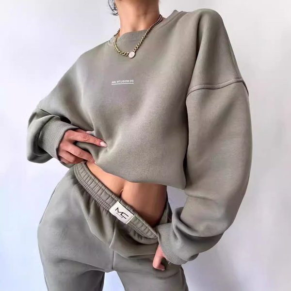 Women's Clothing new suit long sleeved round neck casual sweatshirt elastic sports trousers two piece suit