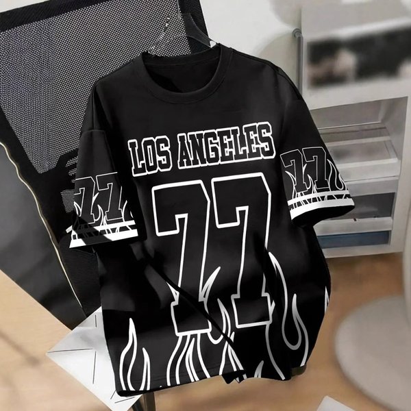 Cross-Border Men's Summer American T-Shirt Short Sleeve Street Fashion Flame Digital Los Angeles Alphabet Print-image