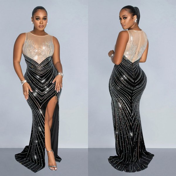 Women's solid color round neck sleeveless hot diamond long skirt dress fashion