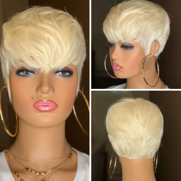 613 Honey Blonde Short Straight Bob Human Hair Wig With Bangs For Women-image