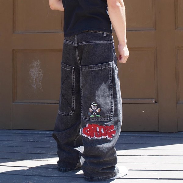 Men's High Street Embroidered Straight Leg Jeans - Classic Black Denim With Lettering Design, Comfortable & Stylish For Casual Wear-image