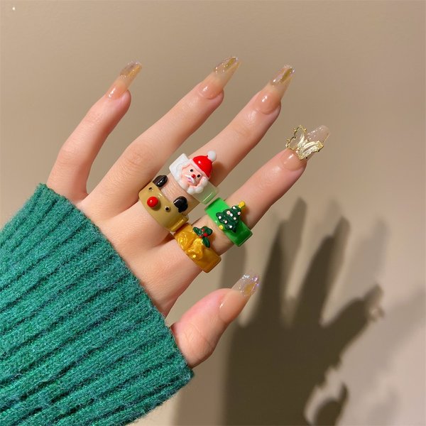 Christmas Cartoon Resin Ring Women Fashion Personality Santa Claus Christmas Tree Elk Finger Ring Cute Ring