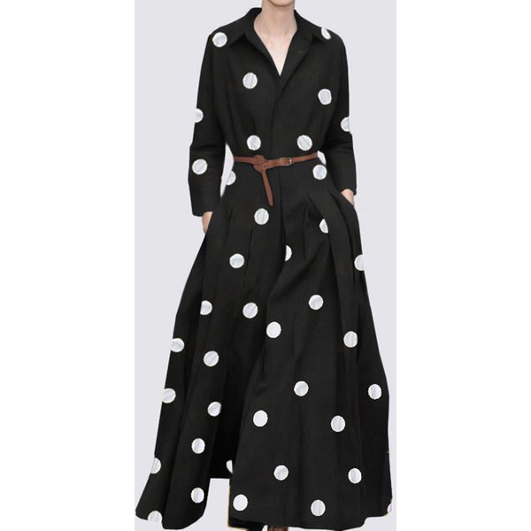 Elegant Polka Dot Long Sleeve Dress – Flowy Fall Dress With Polo Collar For Women (White/Yellow/Black Dots & Leopard Prints, Sizes S-5xl)
