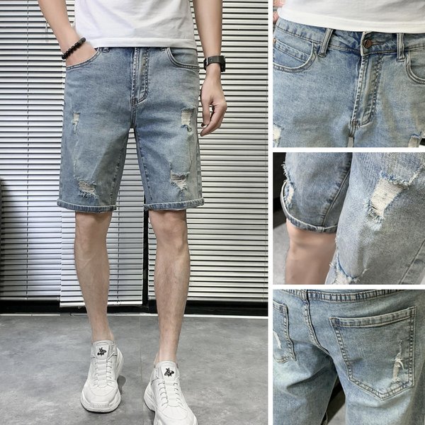 Ripped jeans trendy personality casual summer shorts thin men's cropped light blue half mid length pants
