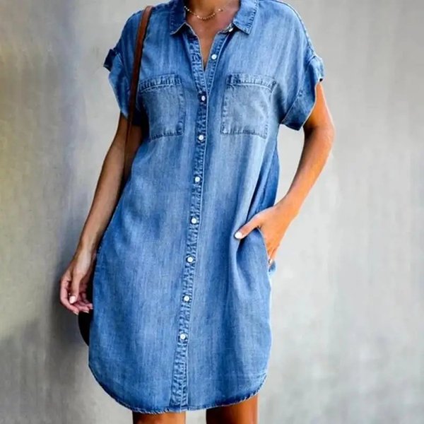 Women's Clothing Lapel Short Sleeve Slim Dress Denim Shirt Dress