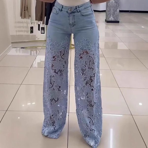 Women's Clothing Summer Wide Leg Pants Trousers Lace Stitching Jeans-image