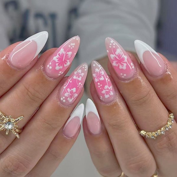 24 Pieces Medium Length Glossy Teardrop Nail Art White French Blush Flower Design New Spring Summer Style For Beauty Health-image