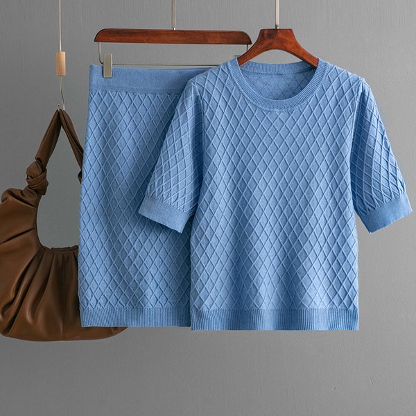 Women's Clothing Women's Summer Solid Color Suit Skirt 2024 New Round Neck Top Knitted Two Piece Skirt-image