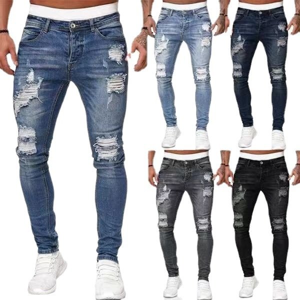 Men's Ripped Slim Fit Jeans - Stretch Denim Pants With Distressed Wash For Casual Streetwear-image