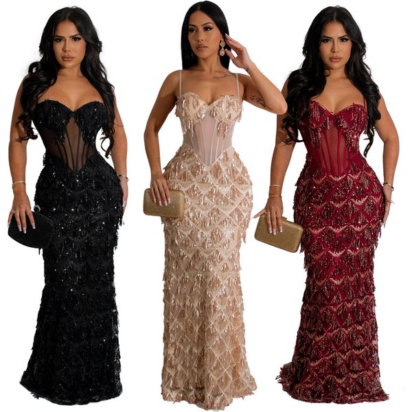 Women's Clothing Sequin Party Long Skirt Fashionable Suspender Bag Hip A Line Skirt-image