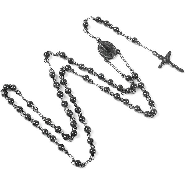 Religious Vintage Fashion Hip Hop Punk Men's And Women's Necklace 6mmJesus Necklace Black Rosary Stainless Steel Necklace
