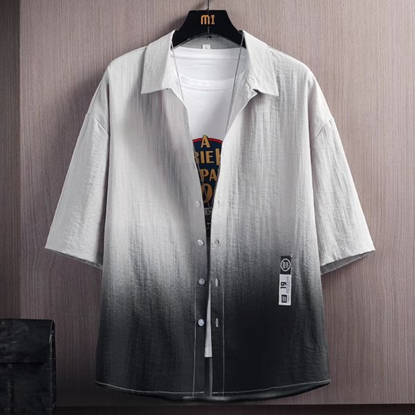 Men's Clothing Short Sleeved Shirt Men's Summer New Thin Ice Silk Handsome Hawaiian Beach Half Sleeved Gradient Inch Clothes Jacket-image