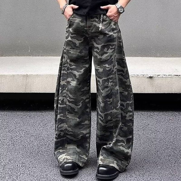 Streetwear Camo Cargo Jeans – High Waist Baggy Denim Pants With Utility Pockets (Unisex S-3Xl, Military Green)-image
