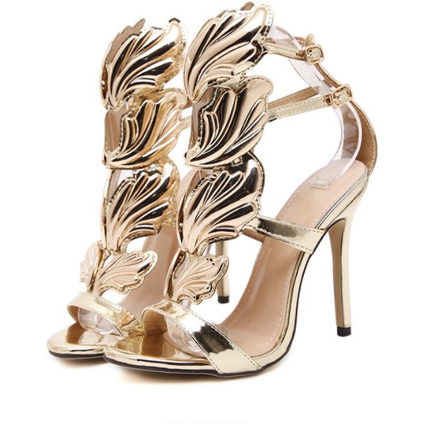 Stunning Gold High Heel Open - Toe Sandals: Elegant Leaf Detailing, Perfect For Summer Evenings And Parties