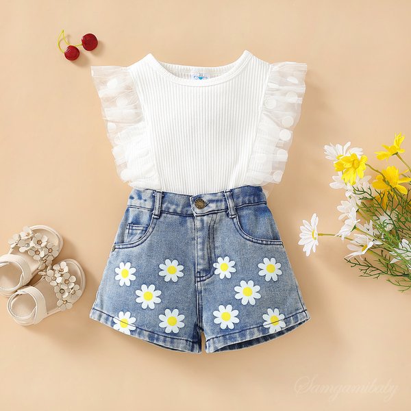 Baby Clothing Children's summer girls Girls mesh lace top embroidered denim shorts