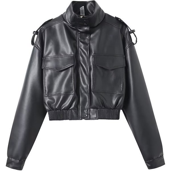 Slim-Fit Vegan Leather Jacket For Women - Short Pu Biker Style With Stand Collar, Stretch Polyester Lining (Xs/S/M/L, Light Green/Brown/Black)-image