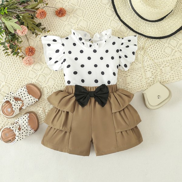 Baby Clothing Girls sweet polka dot flying sleeve T-shirt shorts set short sleeve shorts two sets