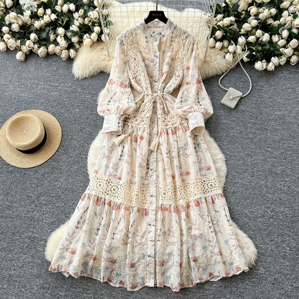Women's High-End Slimming Lace Patchwork Dress French Court Style Printed Embroidered Waist Cinching Fairy Long Dress-image