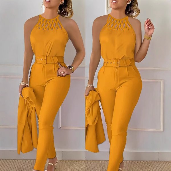 Women's Clothing Women's Casual Fashion Slim Top Solid Color Pants With Belt Suit For Women-image